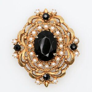 Vintage Florenza Victorian Gothic Revival Black Stone Faux Pearl‎ Brooch 1960s
